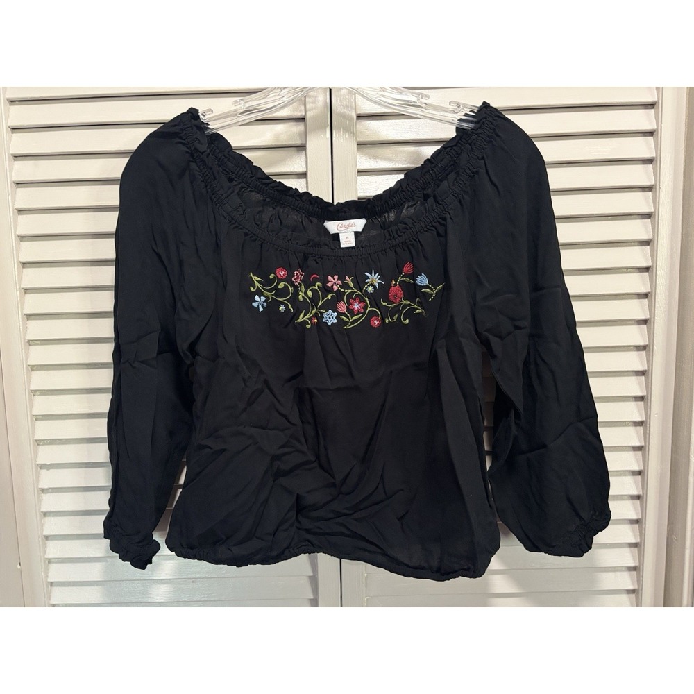 Candies Black/Red Floral Embroidered 3/4 Sleeve Boat Elastic Hem Blouse Size M